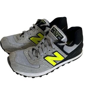 New Balance 574 Gray with Neon Yellow Running Sporty Activewear Shoes Size 7.5